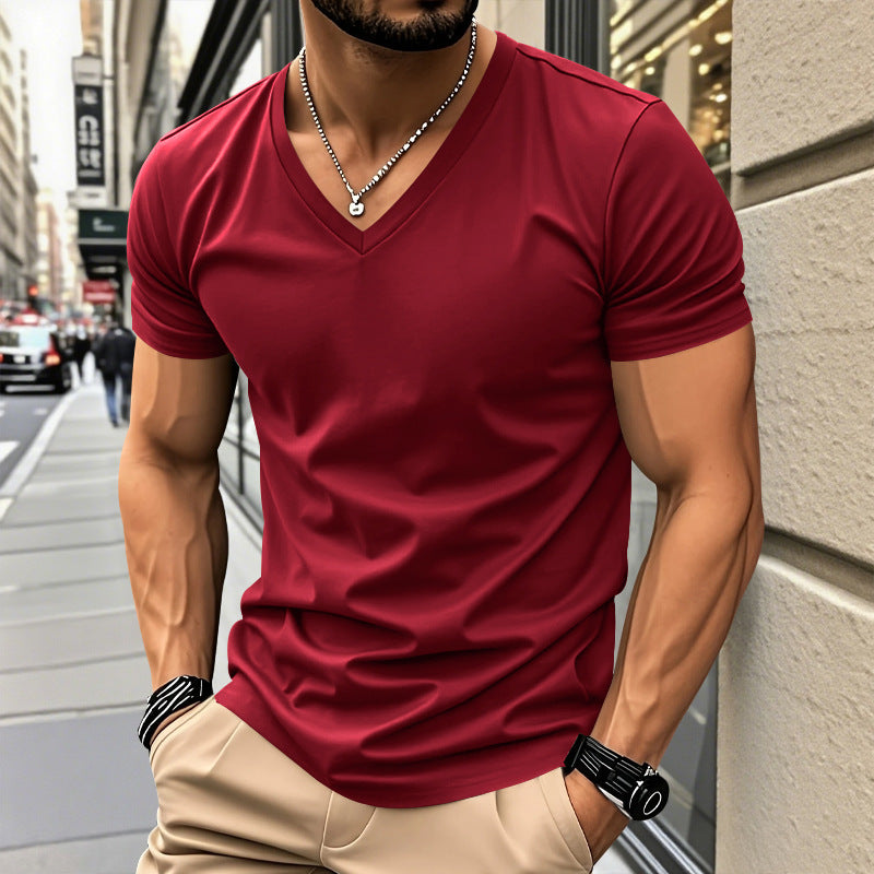 Men Slim Fit Solid V-Neck Basic Short Sleeve T-Shirt