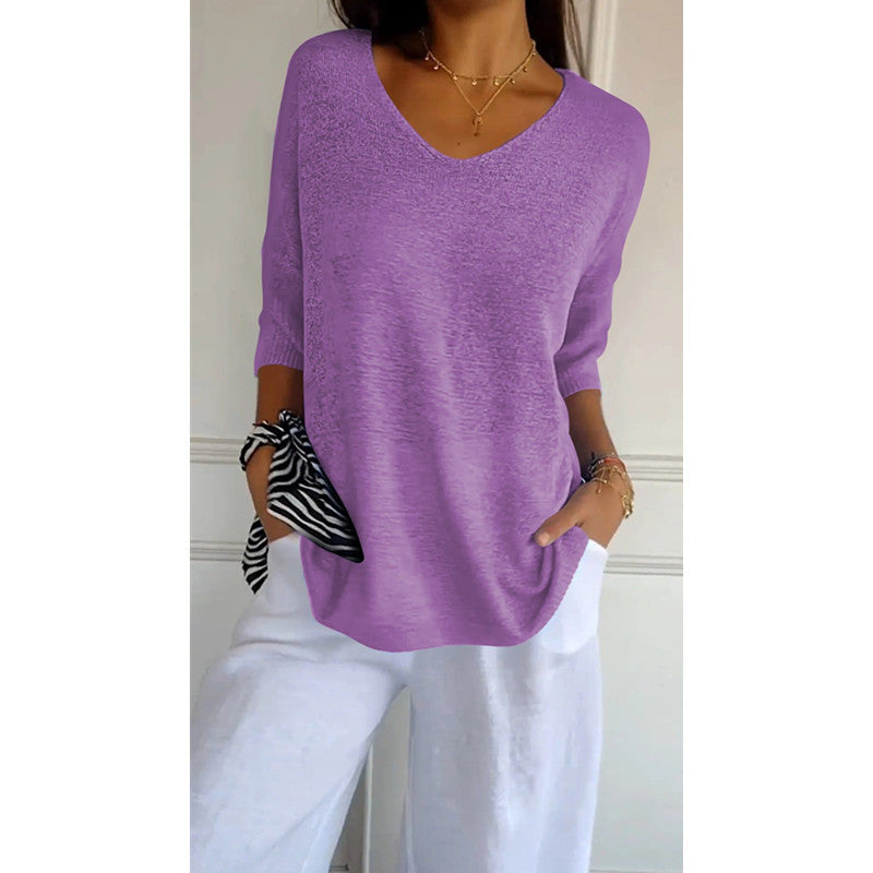Women’s V-Neck 3/4 Sleeve Loose Curved Hem Casual Basic Knit Top