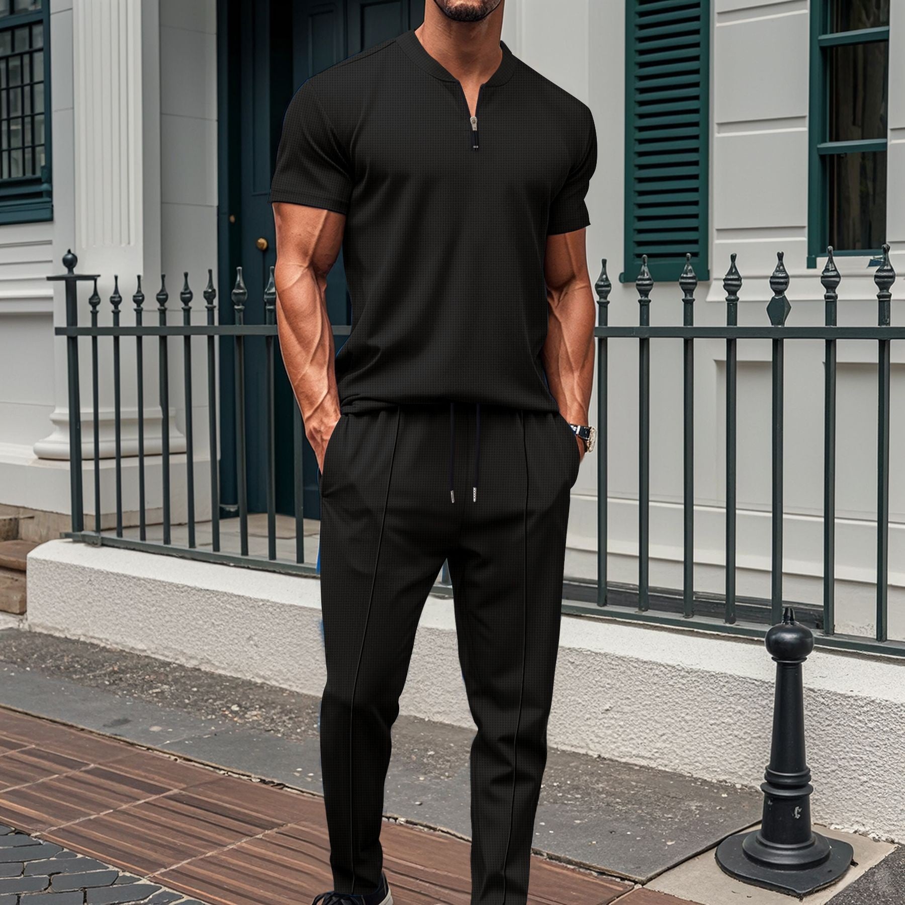Men's suit with stand-up collar and small zipper