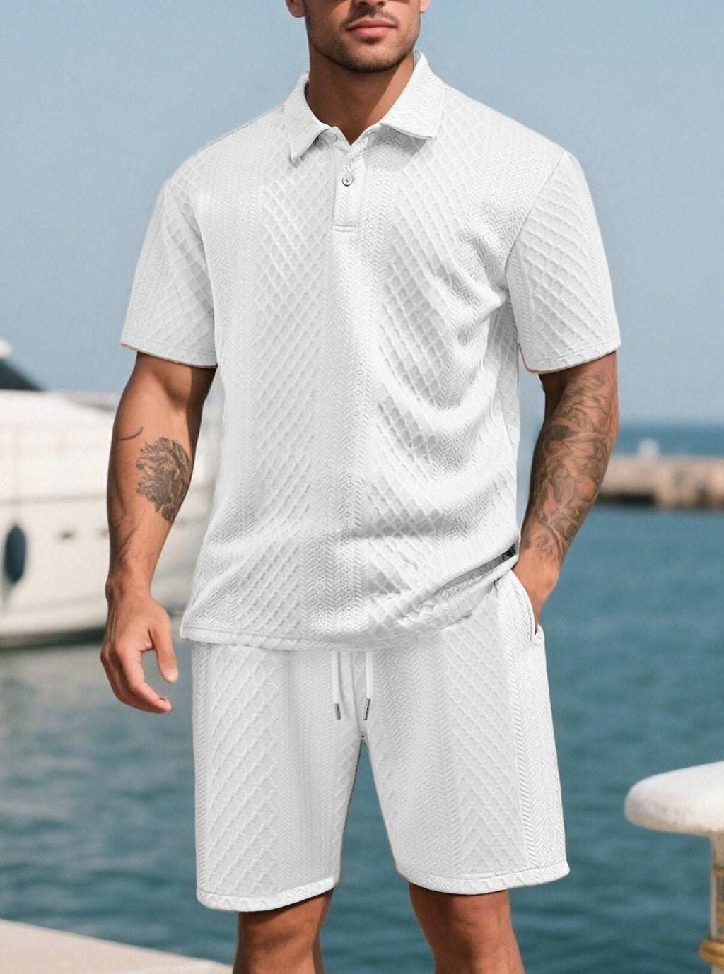 🔥 Men’s Textured Polo Short Sleeve & Drawstring Shorts 2 Piece Set!