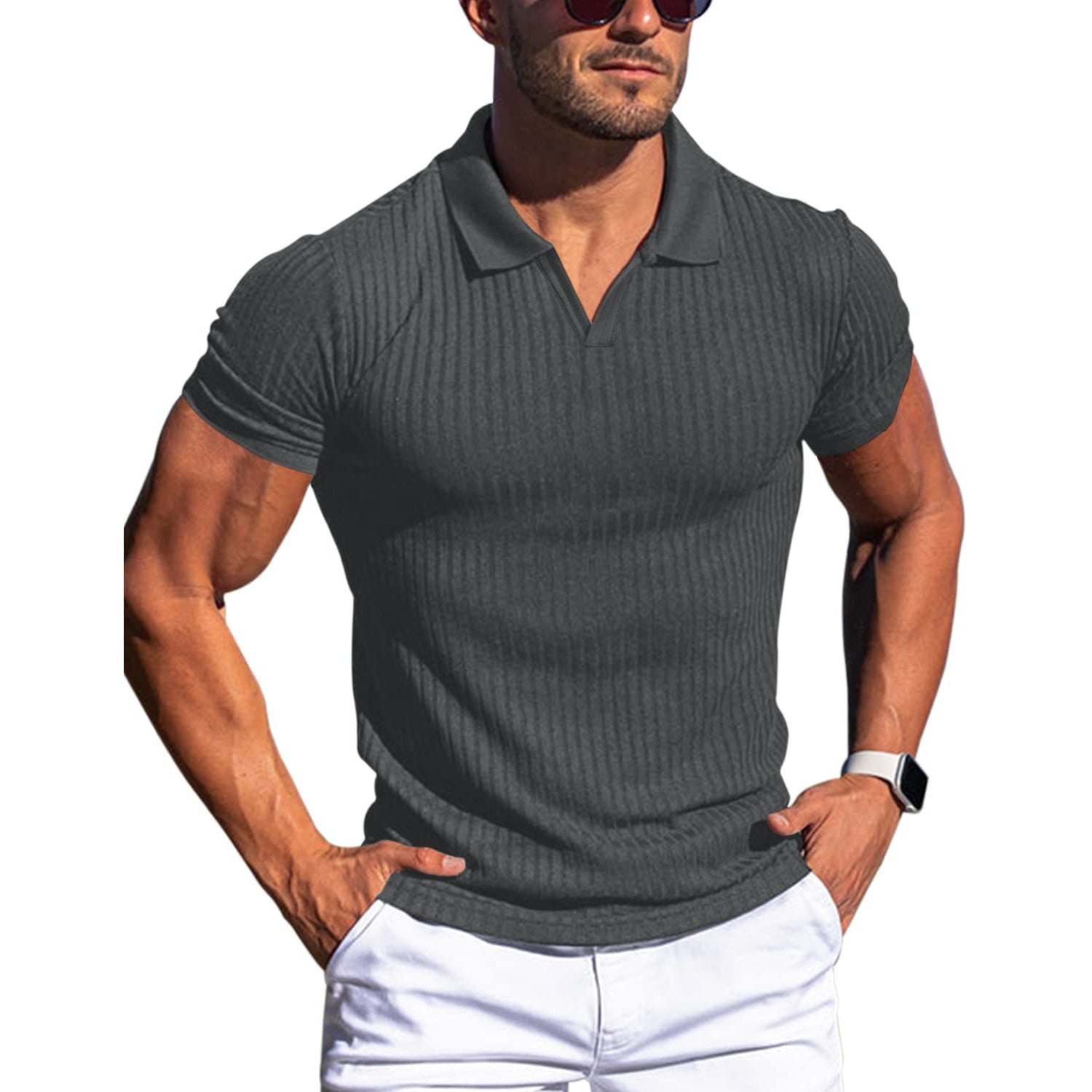 Multi-Color Slim Ribbed Knit Men’s Polo Tee