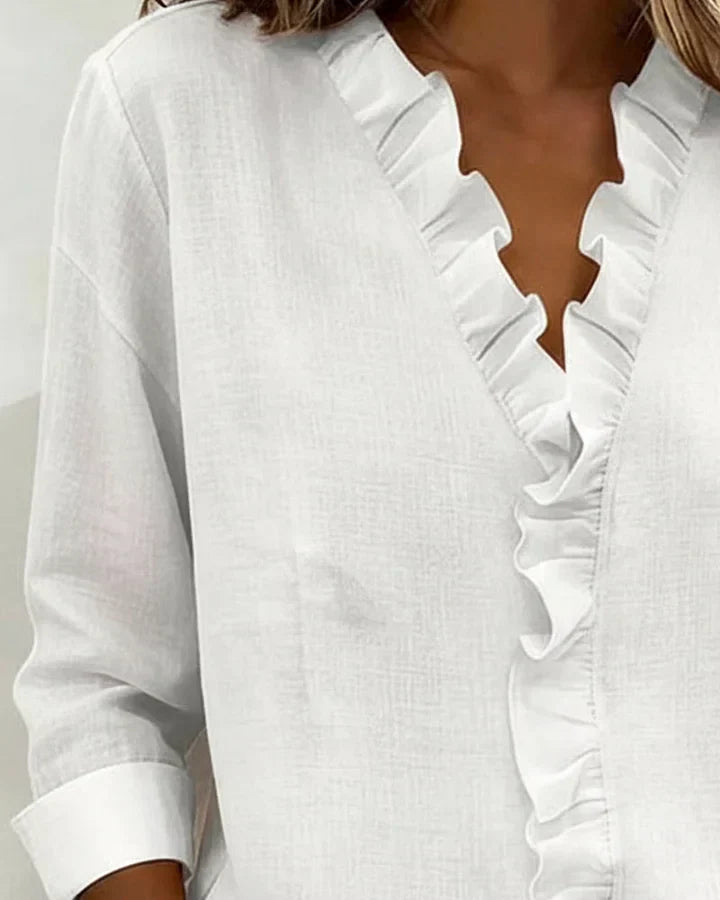 Blouse with Ruffles, V-Neck and Long Sleeves