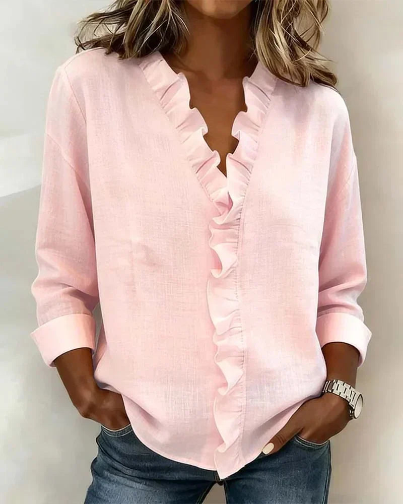 Blouse with Ruffles, V-Neck and Long Sleeves