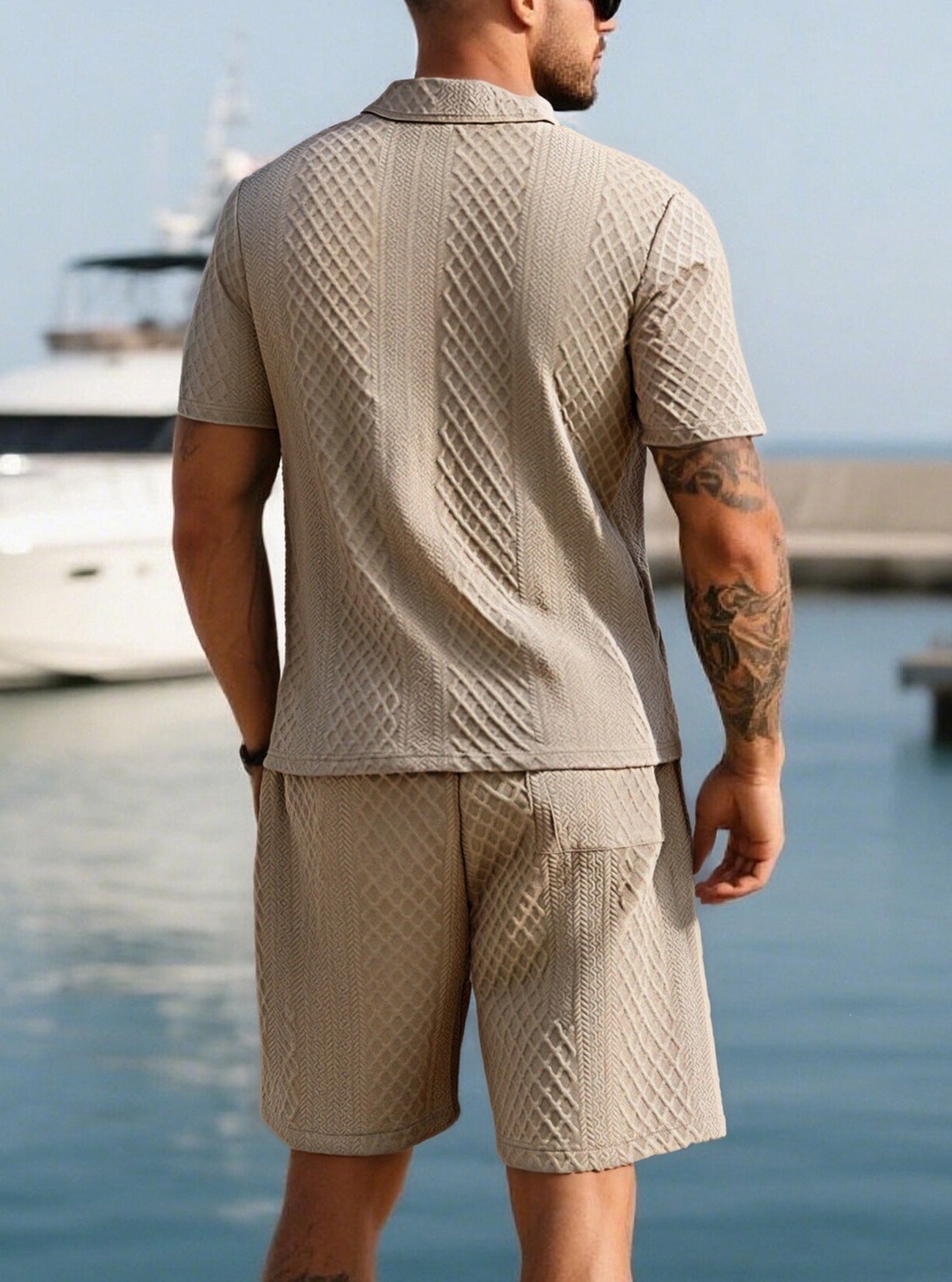 🔥 Men’s Textured Polo Short Sleeve & Drawstring Shorts 2 Piece Set!