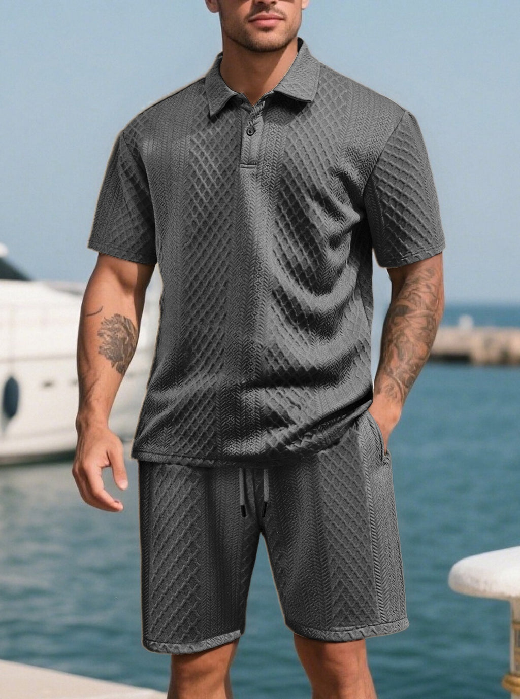 🔥 Men’s Textured Polo Short Sleeve & Drawstring Shorts 2 Piece Set!