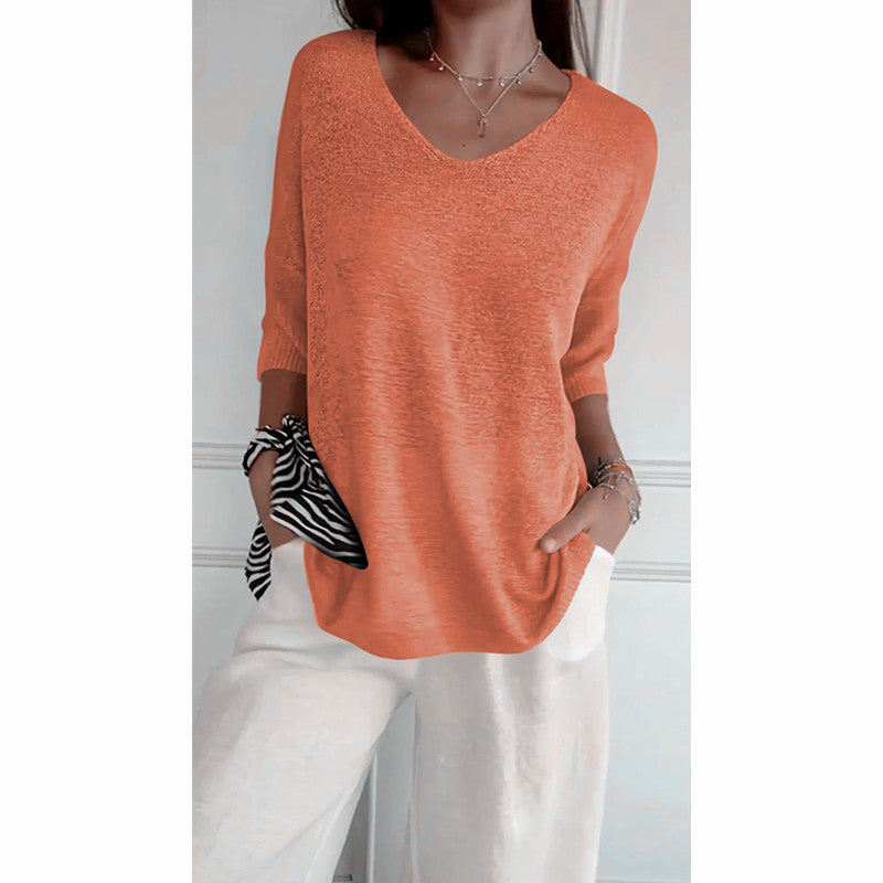 Women’s V-Neck 3/4 Sleeve Loose Curved Hem Casual Basic Knit Top