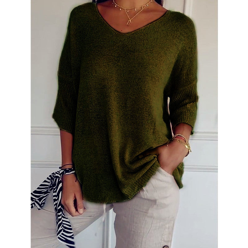Women’s V-Neck 3/4 Sleeve Loose Curved Hem Casual Basic Knit Top