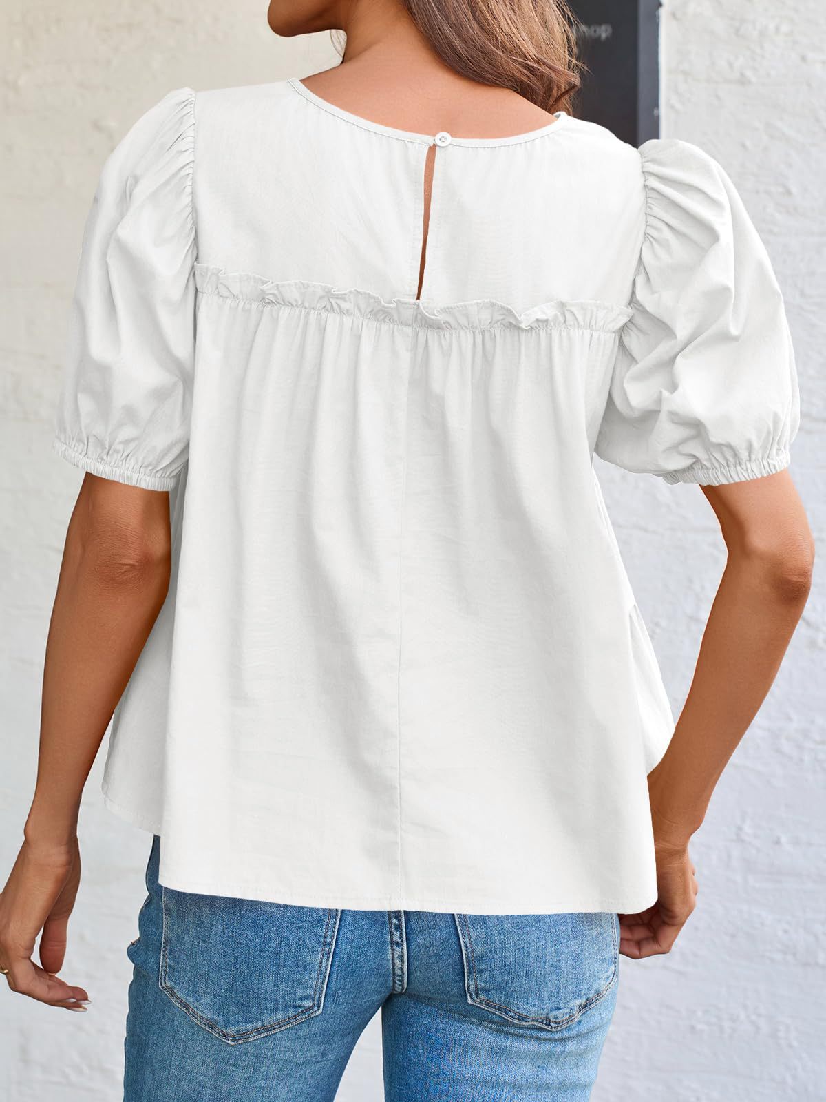 Women’s Round Neck Smocked Bust Puff Sleeve Tiered Ruffle Babydoll Blouse