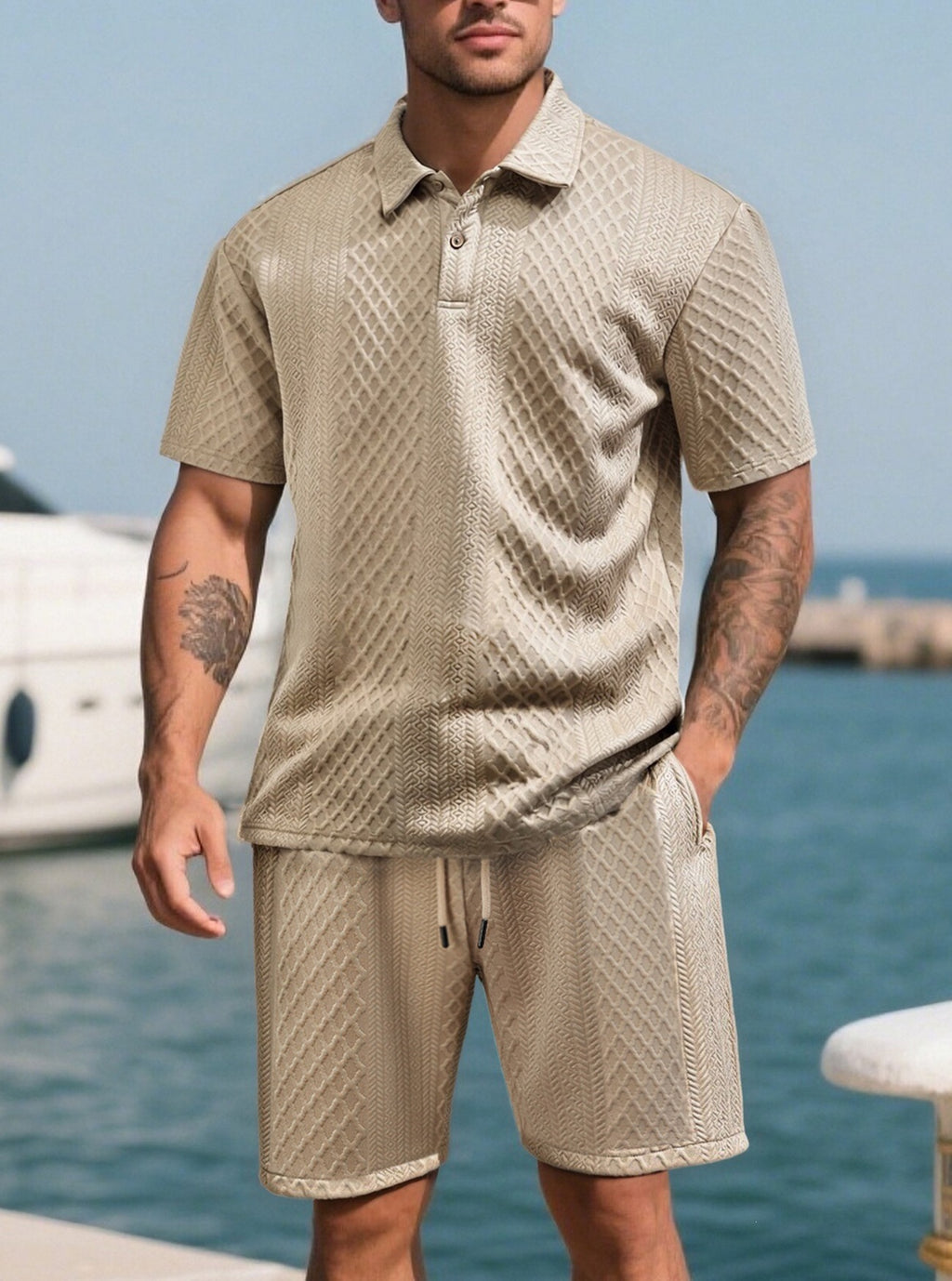 🔥 Men’s Textured Polo Short Sleeve & Drawstring Shorts 2 Piece Set!