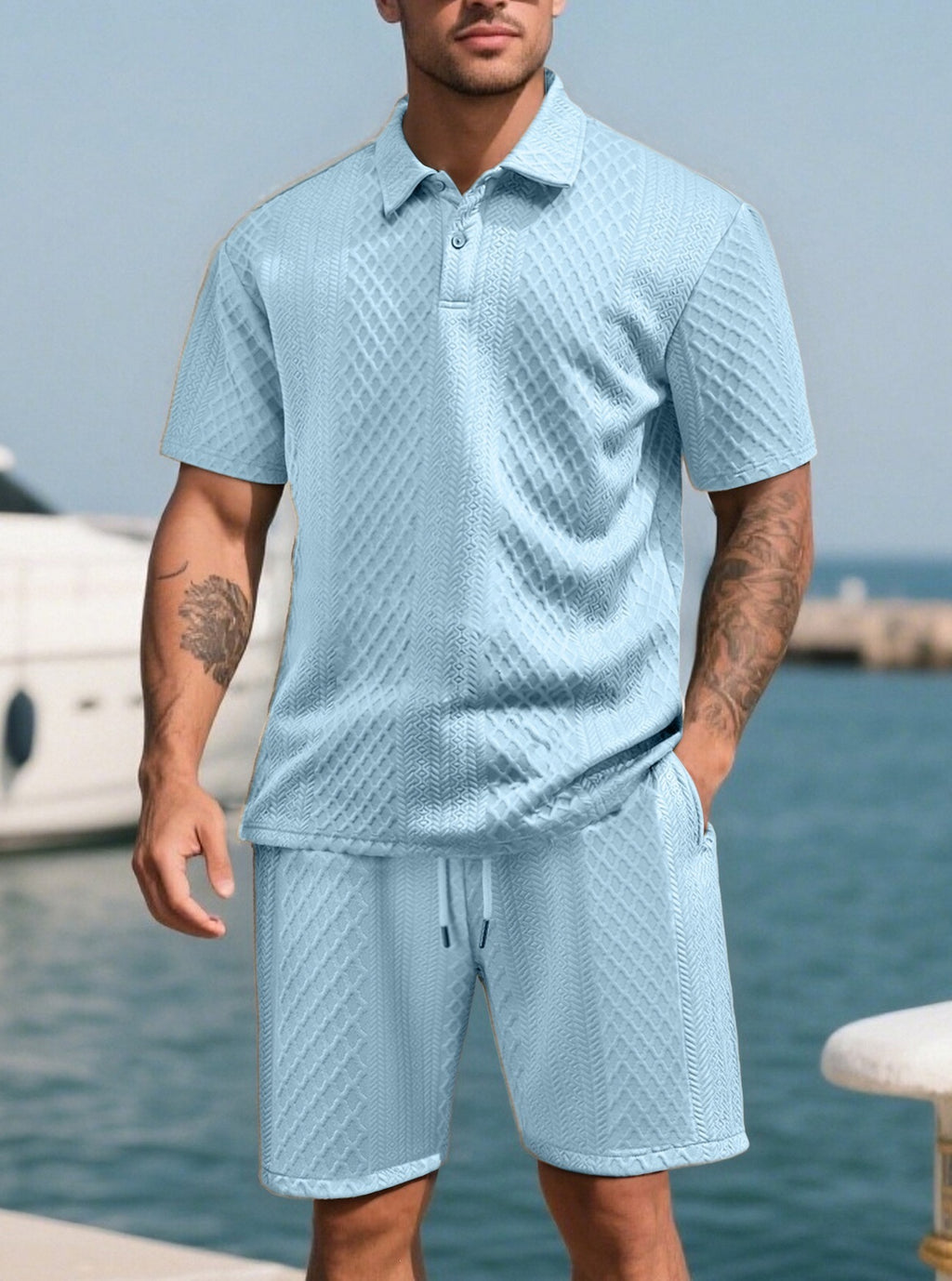 🔥 Men’s Textured Polo Short Sleeve & Drawstring Shorts 2 Piece Set!
