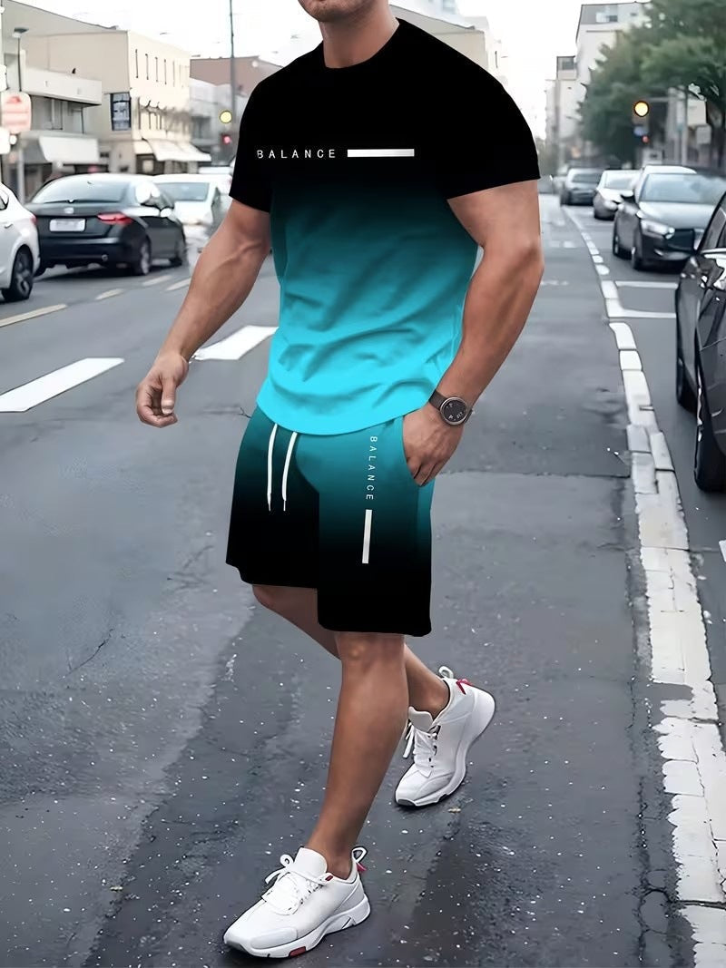 🔥 Men’s Gradient Print Short Sleeve T-Shirt & Drawstring Shorts 2 Piece Set!