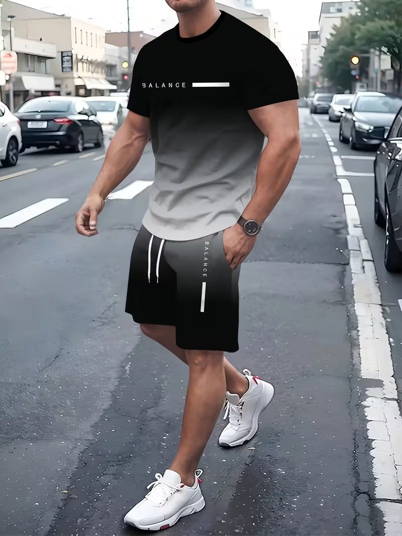 🔥 Men’s Gradient Print Short Sleeve T-Shirt & Drawstring Shorts 2 Piece Set!