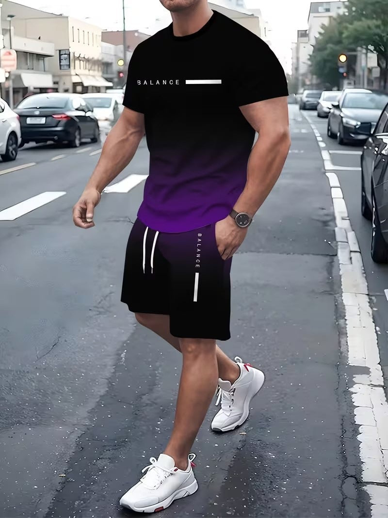 🔥 Men’s Gradient Print Short Sleeve T-Shirt & Drawstring Shorts 2 Piece Set!