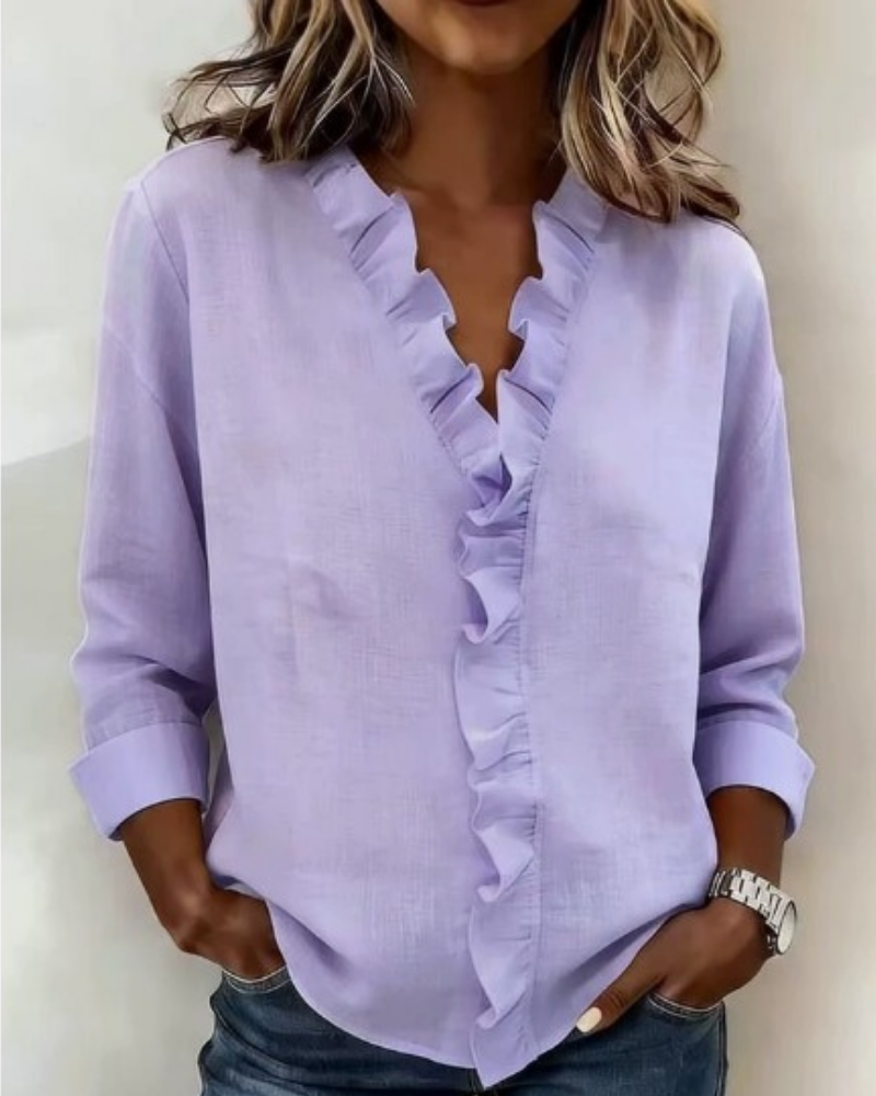 Blouse with Ruffles, V-Neck and Long Sleeves