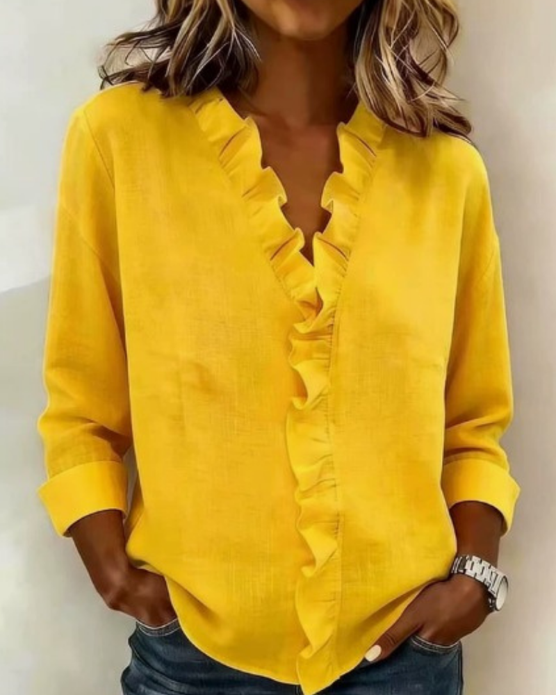 Blouse with Ruffles, V-Neck and Long Sleeves