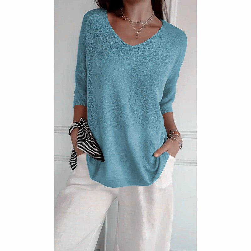 Women’s V-Neck 3/4 Sleeve Loose Curved Hem Casual Basic Knit Top