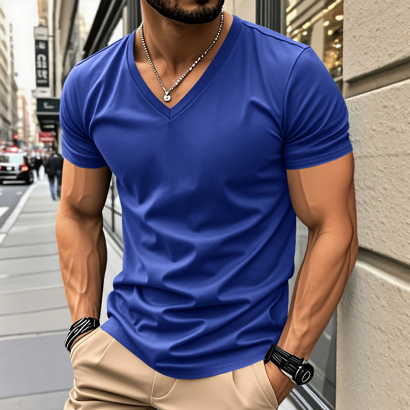 Men Slim Fit Solid V-Neck Basic Short Sleeve T-Shirt