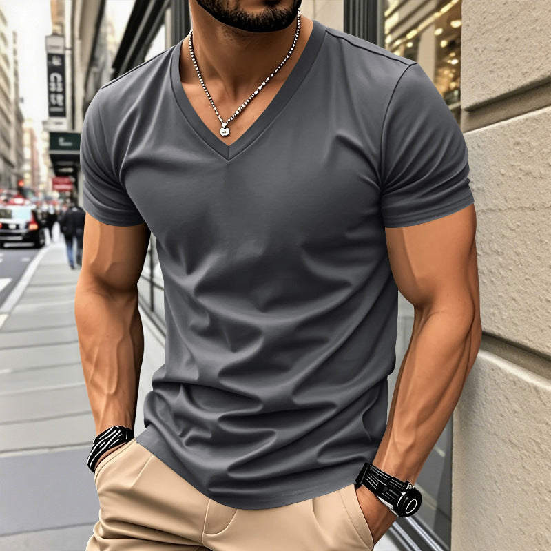 Men Slim Fit Solid V-Neck Basic Short Sleeve T-Shirt