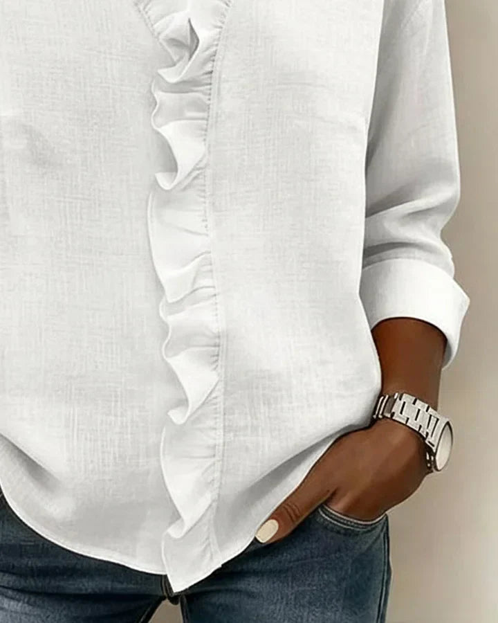 Blouse with Ruffles, V-Neck and Long Sleeves