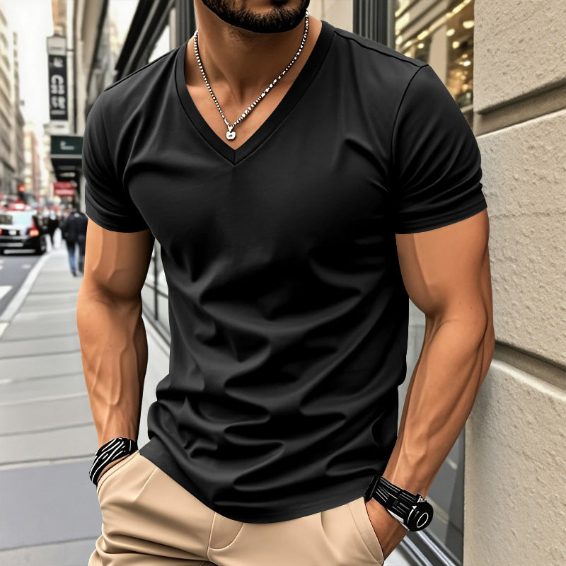 Men Slim Fit Solid V-Neck Basic Short Sleeve T-Shirt