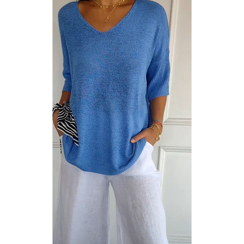 Women’s V-Neck 3/4 Sleeve Loose Curved Hem Casual Basic Knit Top