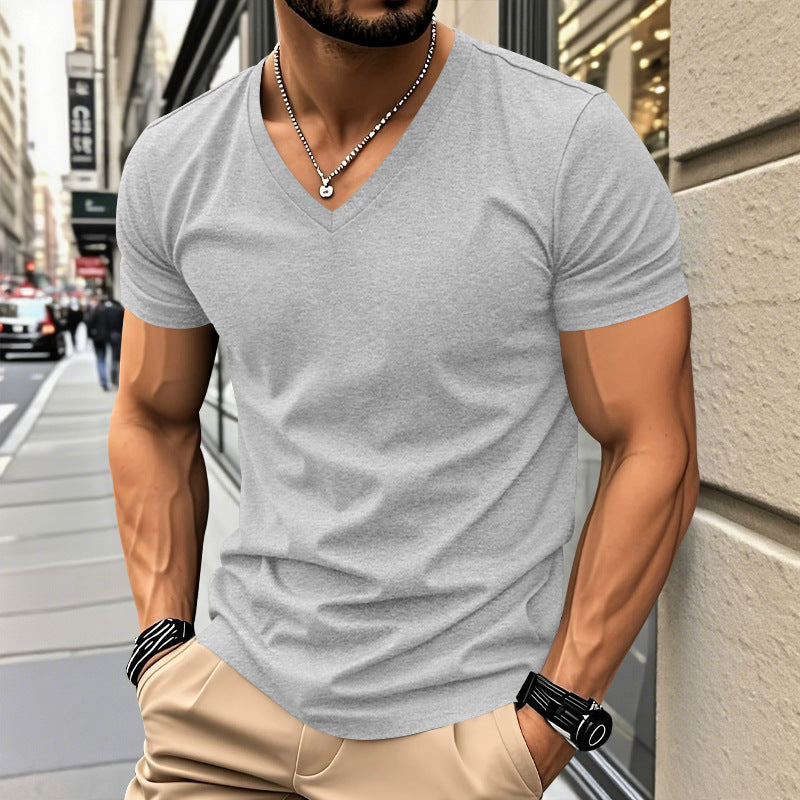 Men Slim Fit Solid V-Neck Basic Short Sleeve T-Shirt