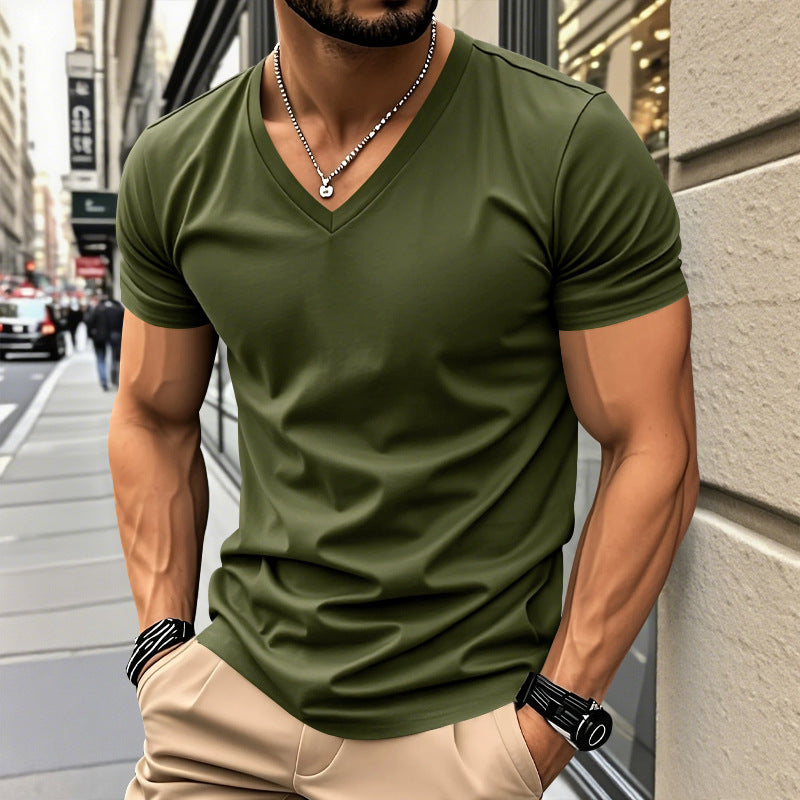 Men Slim Fit Solid V-Neck Basic Short Sleeve T-Shirt