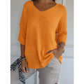 Women’s V-Neck 3/4 Sleeve Loose Curved Hem Casual Basic Knit Top