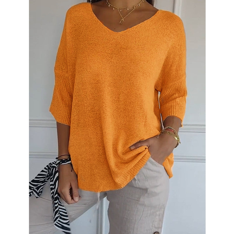 Women’s V-Neck 3/4 Sleeve Loose Curved Hem Casual Basic Knit Top