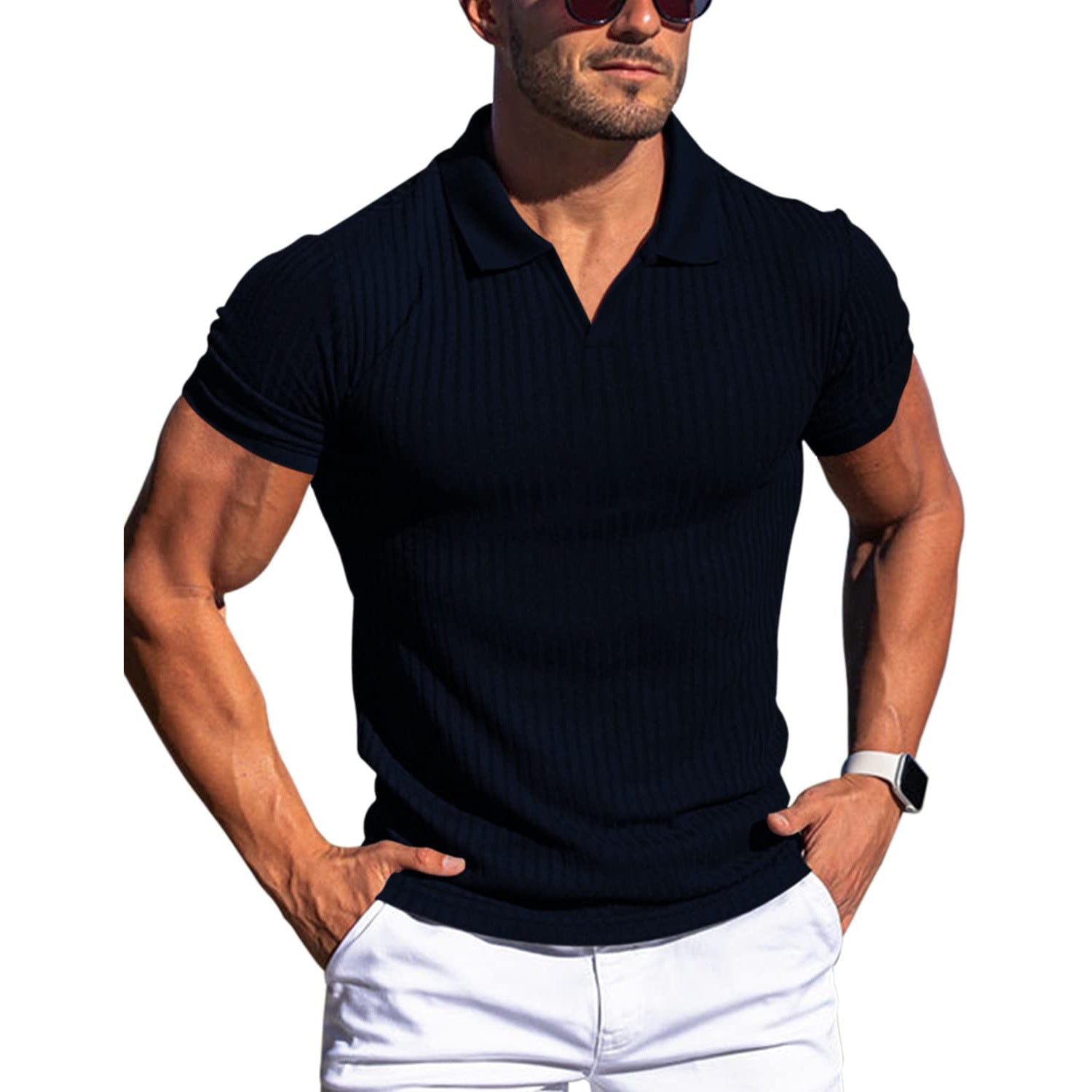 Multi-Color Slim Ribbed Knit Men’s Polo Tee