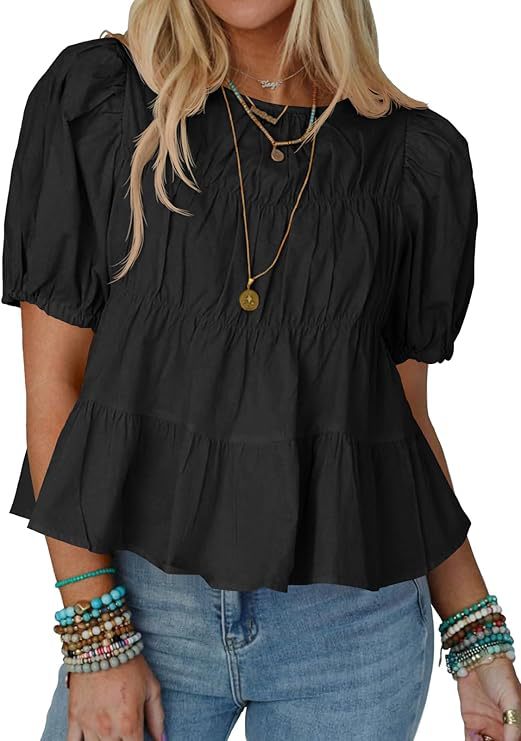 Women’s Round Neck Smocked Bust Puff Sleeve Tiered Ruffle Babydoll Blouse