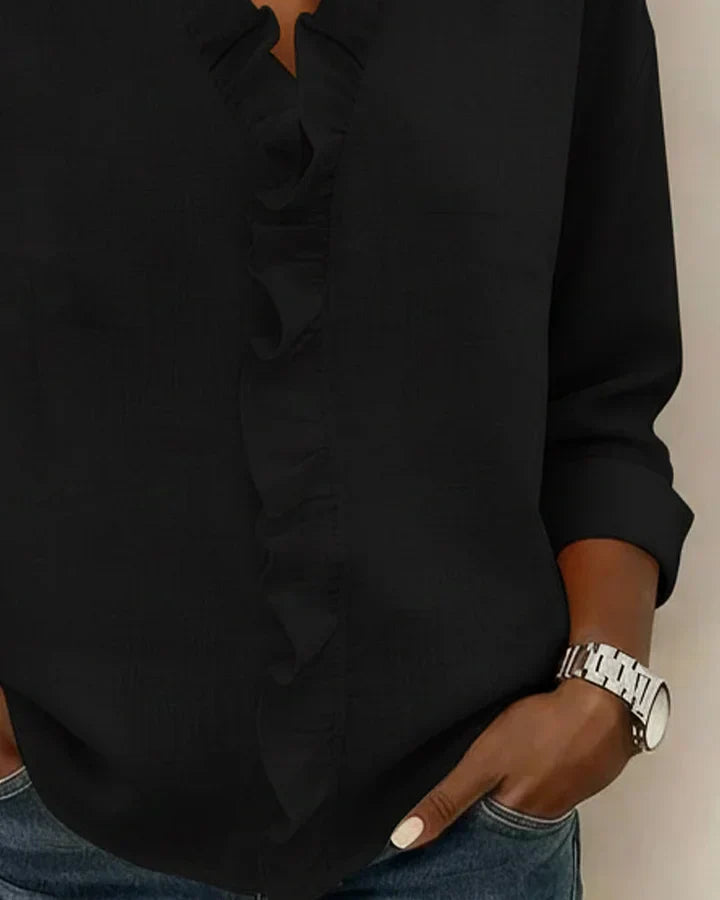 Blouse with Ruffles, V-Neck and Long Sleeves