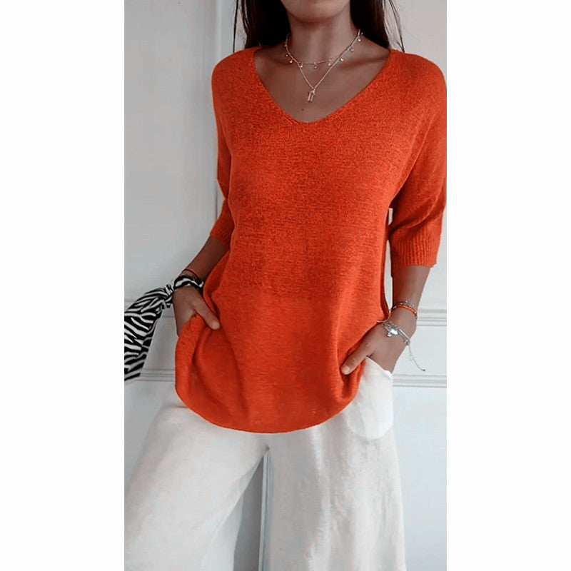 Women’s V-Neck 3/4 Sleeve Loose Curved Hem Casual Basic Knit Top