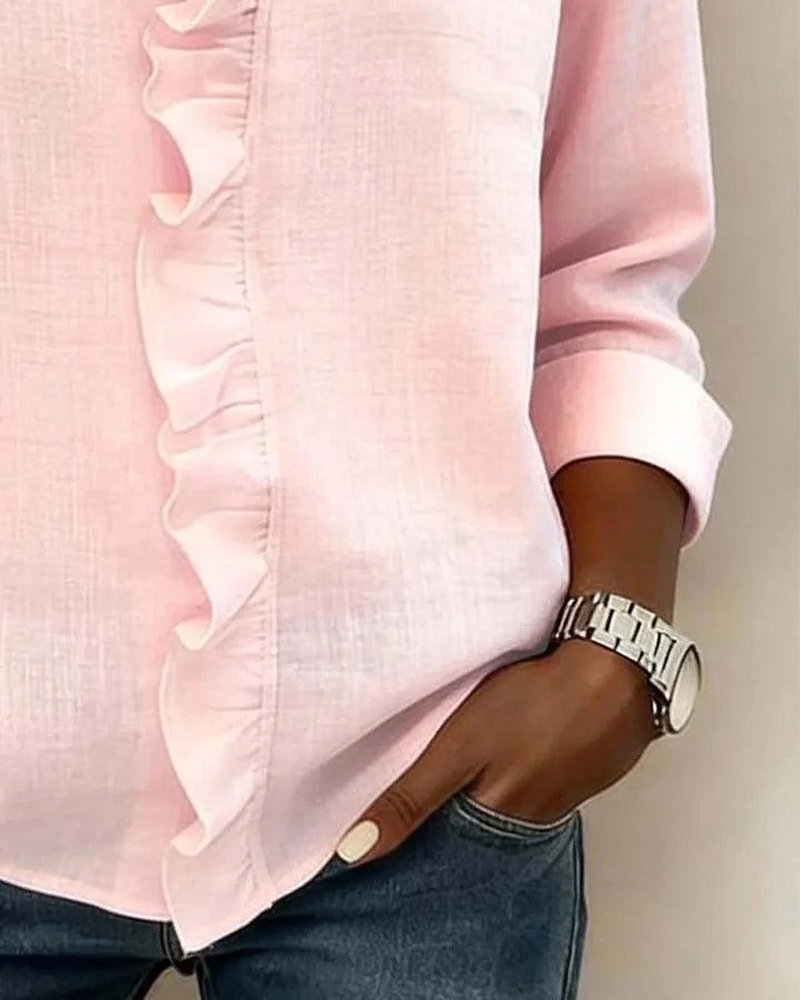Blouse with Ruffles, V-Neck and Long Sleeves