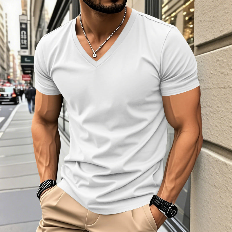 Men Slim Fit Solid V-Neck Basic Short Sleeve T-Shirt
