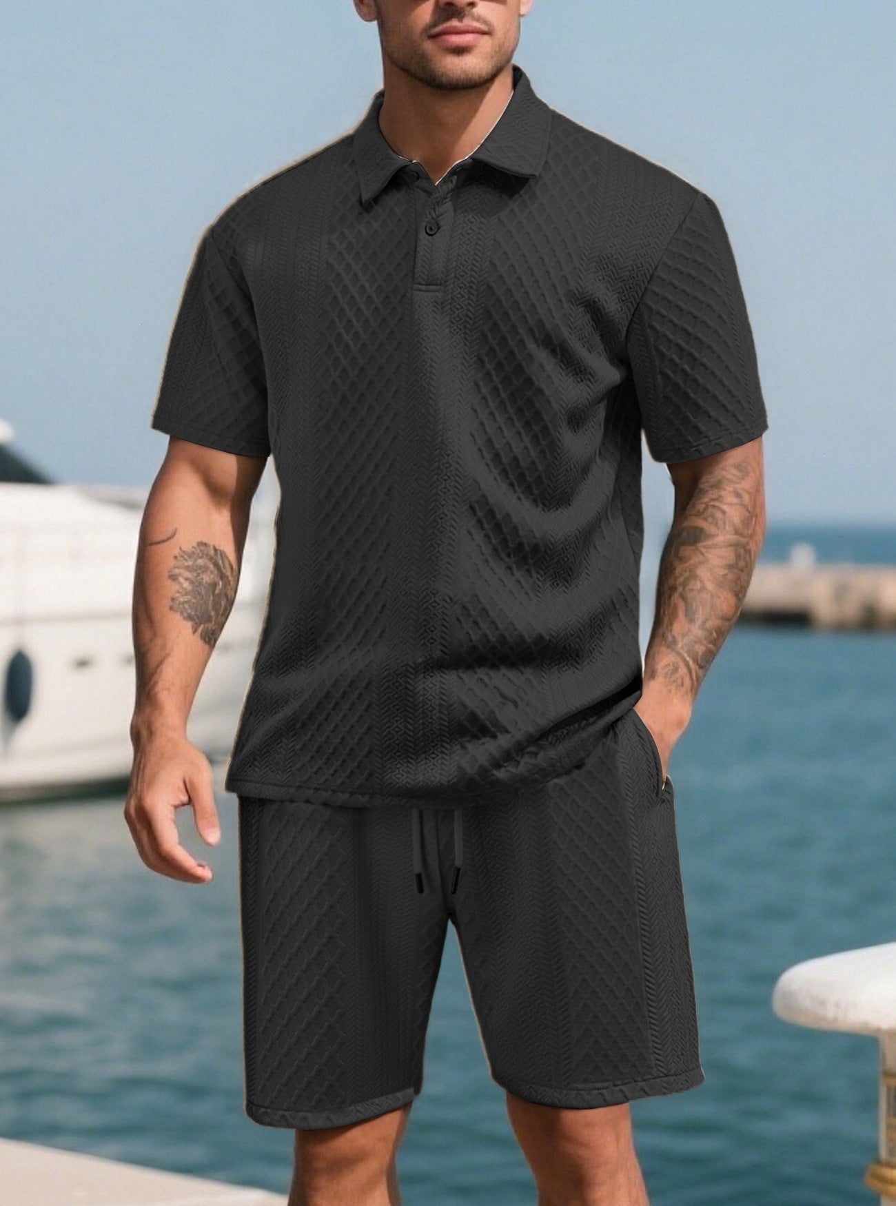 🔥 Men’s Textured Polo Short Sleeve & Drawstring Shorts 2 Piece Set!