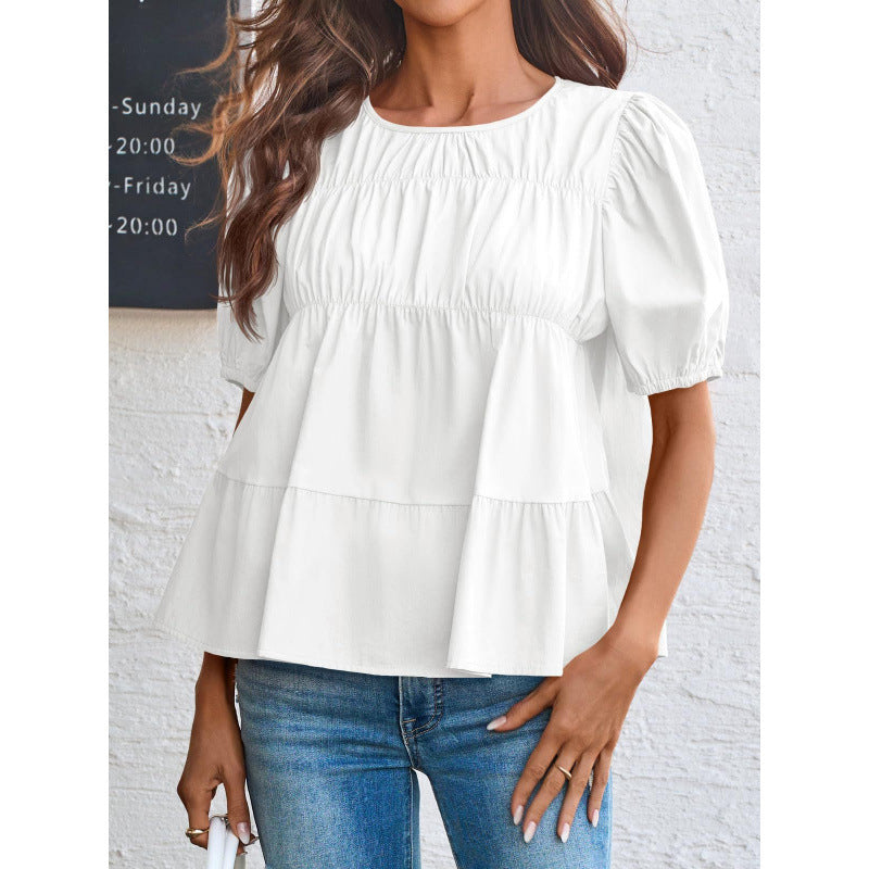 Women’s Round Neck Smocked Bust Puff Sleeve Tiered Ruffle Babydoll Blouse