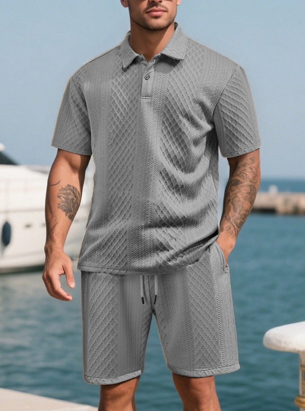 🔥 Men’s Textured Polo Short Sleeve & Drawstring Shorts 2 Piece Set!