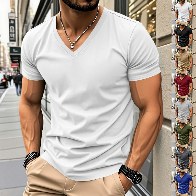 Men Slim Fit Solid V-Neck Basic Short Sleeve T-Shirt