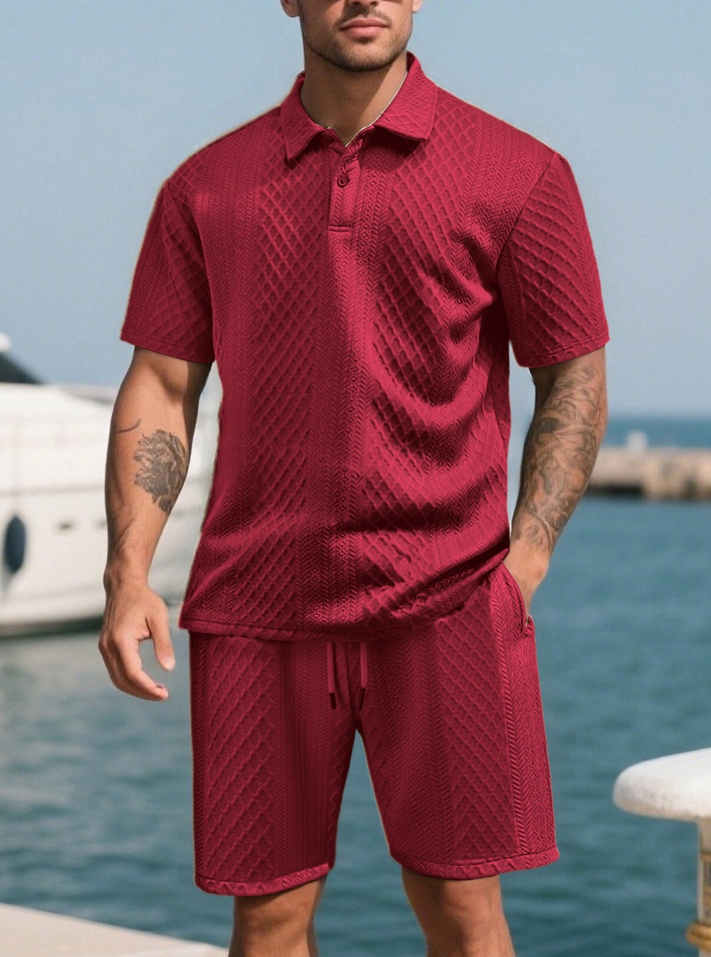 🔥 Men’s Textured Polo Short Sleeve & Drawstring Shorts 2 Piece Set!