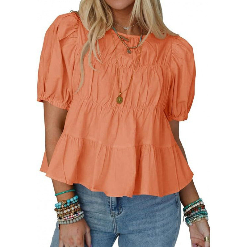 Women’s Round Neck Smocked Bust Puff Sleeve Tiered Ruffle Babydoll Blouse