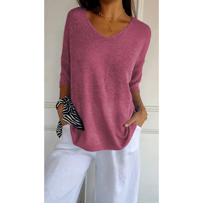 Women’s V-Neck 3/4 Sleeve Loose Curved Hem Casual Basic Knit Top