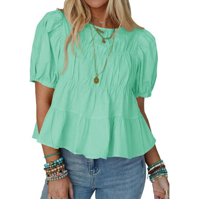 Women’s Round Neck Smocked Bust Puff Sleeve Tiered Ruffle Babydoll Blouse